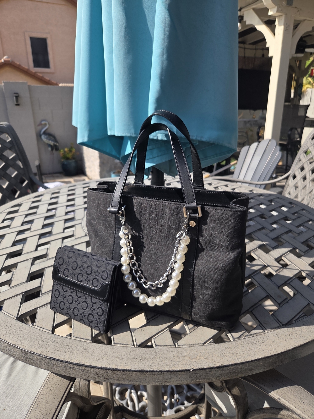 Celine Black Signature Tote Bag with Pearl Chain Accent And Matching Wallet